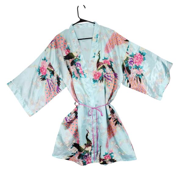 Kimono Robe OS Women Short Light Blue Pink Peach Purple Peacocks Flowers Silky - Picture 2 of 8